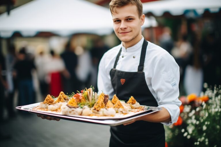 Catering personal som håller i en bricka med tilltugg