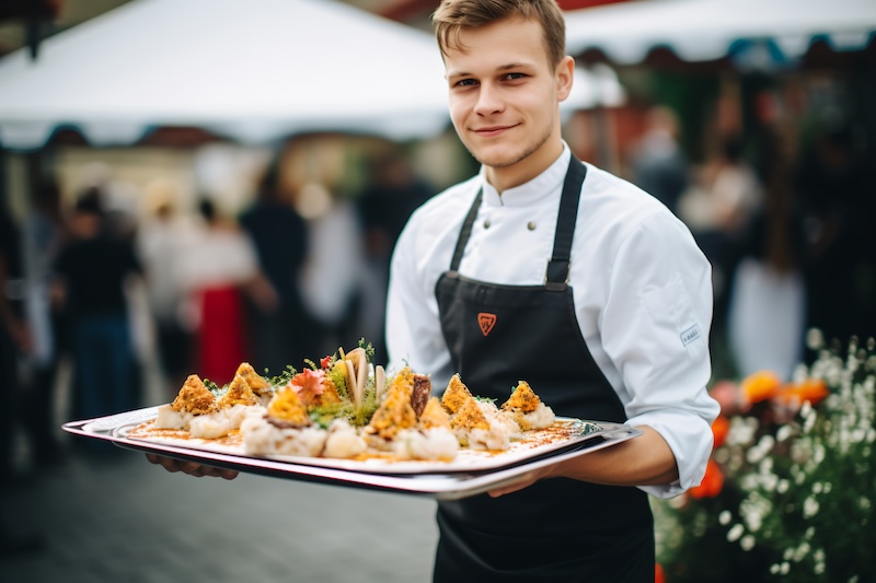 Catering personal som håller i en bricka med tilltugg